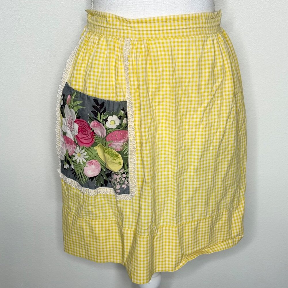 Vintage Handmade Half Apron Yellow Gingham Retro Cottage Front Pocket Boho
